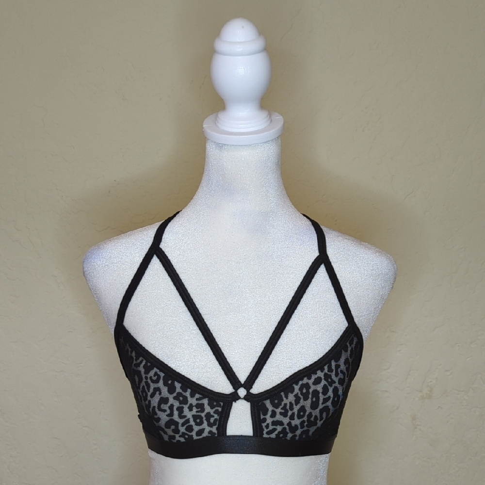I Heart Black Leopard Print Mesh Strappy Bralette Size XS